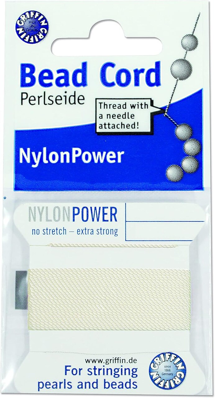 Griffin Nylon Bead Cord Perlseide – Size 16 (1.05mm) – 2 Meters per Card – Stainless Steel Needle Attached – for Knotting Pearls, Gemstones, Crystals and Beads